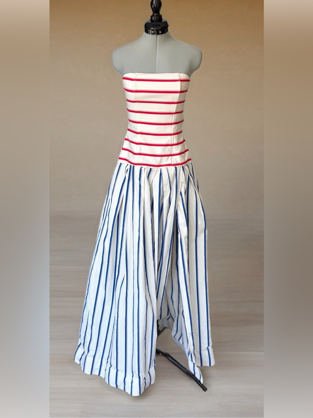 Rosie Assoulin Drop Waist Strapless Cotton Gown, red/blue stripes, slit, 0, EUC